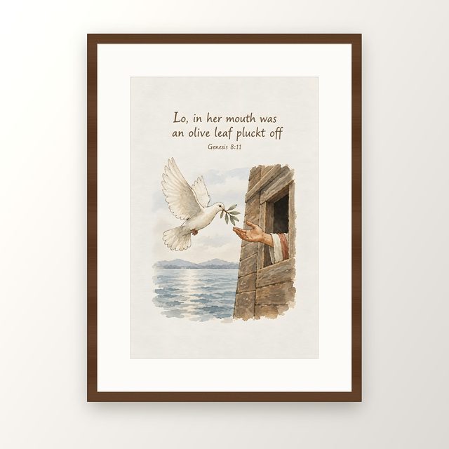 Dove With Olive Branch, Genesis 8:11 watercolor print, framed
