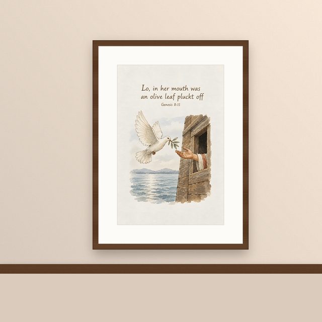 Dove With Olive Branch, Genesis 8:11 watercolor print, framed on a wall