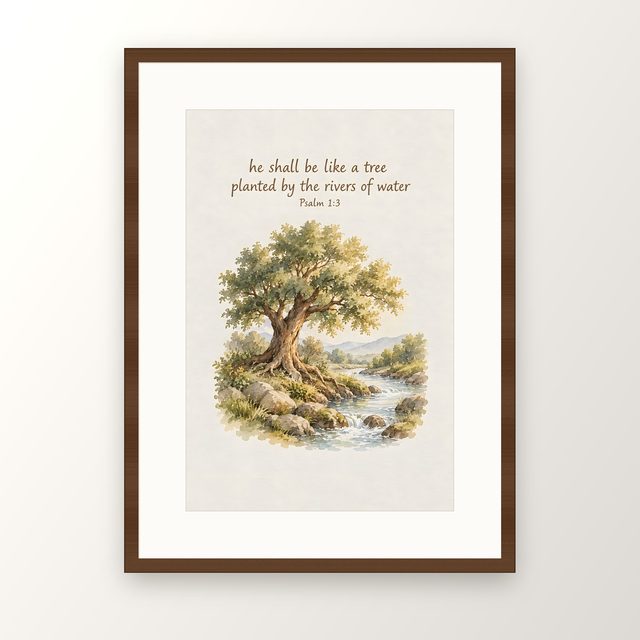 A Tree Planted by the Rivers of Water, Psalm 1:3 watercolor print, framed