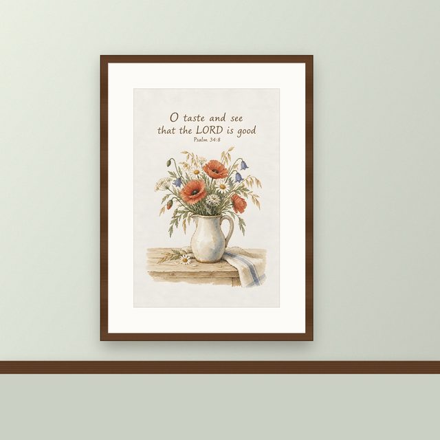 O Taste and See That the LORD Is Good, Psalm 34:8 watercolor print, framed on a wall